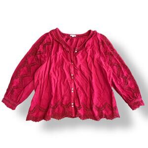 Sundance Embroidered Boho Blouse Red Lace Crochet Scallop Hem Cotton Top XXL